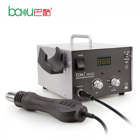 Паяльная станция Baku Ba-8850D цифровая индикация на фен в ручке в металлическом блоке с регулировками и USB выходом 5V 2A. Фен для паяльной станции Baku Ba-8850D