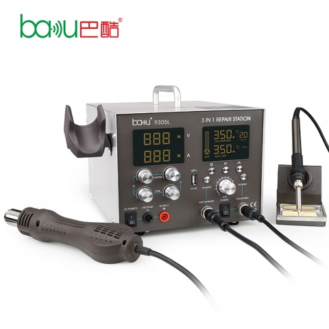 Паяльная станция Baku Ba-9305L цифровая индикация на фен в ручке и паяльник с блоком питания 30V 5A в металлическом блоке с регулировками и USB выходом 5V 2A.