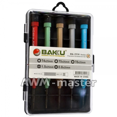 Набір викруток BK-5530 Baku screwdriver, 5 викруток: T4, T5, T6, +1.5, *0,8