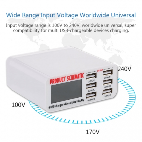 Зарядний пристрій Schematic Fast charger 3.0 на 6 USB портів з LCD екраном Зарядний пристрій Schematic Fast charger 3.0 на 6 USB портів з LCD екраном