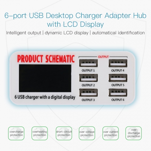 Зарядний пристрій 3.0 на 6 USB портів з LCD екраном Зарядний пристрій Schematic Fast charger 3.0 на 6 USB портів з LCD екраном